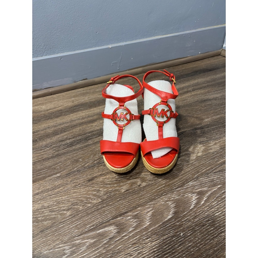 Michael Kors Red‎ Leather Espadrille Wedge Sandals MK Logo Gold Hardware 8M